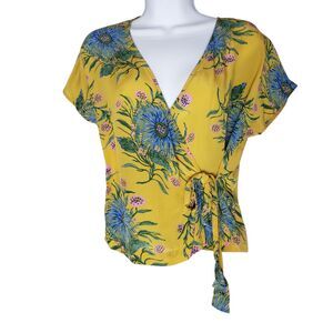 Madewell 100% Silk Tie Warp Floral Top Womens XS Yellow V-Neck